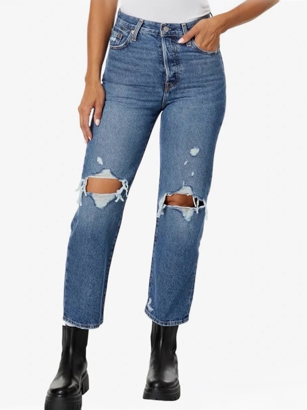 Levi Ribcage Straight Ankle Medium Wash Distressed High Rise Button Fly